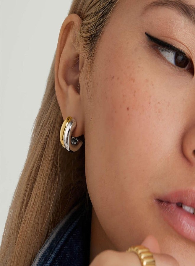 NUZON Two Tone Double Hoops Earrings for Women 18K Gold Plated Hypoallergenic Post Silver & Gold Mixed Metal Small C Open Earrings Statement Minimalist Jewelry Best Friend - Image 2